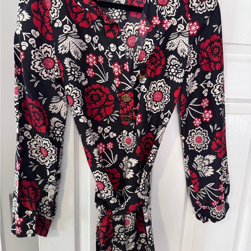 Tory Burch Black Dress with Red and White Floral Pattern
